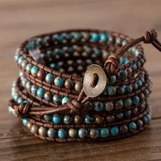 Blue Leather Bracelet Beaded Bracelet Leather Wrap Bracelet | Etsy Gemstone Wrap Bracelet, Blue Stone Bracelet, Amazonite Jewelry, Boho Wrap Bracelet, Amazonite Bracelet, Blue Topaz Bracelet, Bracelet Friendship, Bracelet Kits, Beaded Wrap Bracelets