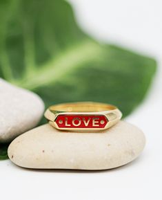 "A personalized signet ring, made of solid 14k yellow gold and colorful enamel inlay. A customized name ring for women and men, available in black, red, green, purple, white and blue enamel. Solid 14k yellow gold name ring, a customized narrow bar signet ring, made just for you. Personalize the ring with any name or word you choose. It can be your name, a name of a loved one, a child's name, or any word that carries a special meaning or inspiration. The narrow top bar is inlaid with enamel in th Gold Enamel Ring Perfect For Gifting, Gold Enamel Ring For A Gift, Gold Enamel Ring Perfect For Gift, Engraved Enamel Ring As A Gift, Engraved Enamel Ring As Gift, Engraved Enamel Ring For Gift, Enamel Round Promise Ring, 14k Gold Black Enamel Ring For Anniversary, Gold Enamel Ring For Anniversary