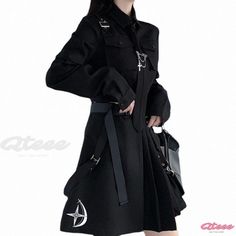 Stylish Two-Piece Set with Pleated Black Midi Skirt and Smart Long-Sleeve Short Shirt Street Girl, Short Shirt, Black Pleated Skirt, Black Midi Skirt, Line Skirt, Black Midi, Gothic Style, Short Shirts, Gothic Fashion