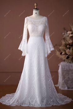 Boho Lace Bell Sleeves Scalloped Neck Mermaid Summer Bridal Dress #weddingdress #bridaldress #designerweddingdress #springweddingdress #fallweddingdress #autumnweddingdress #winterweddingdress Wedding Dress With Bell Sleeves, Bell Sleeve Wedding Dress, Fantasy Wedding Dresses, Mermaid Summer, Party Dress Inspiration, Lace Bell Sleeves, Lace Motifs, Spring Wedding Dress, Inspiration Images