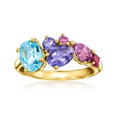 Ross-Simons - 2.35 ct. t. w. Multi-Gemstone Ring in 18kt Gold Over Sterling. Size 7. An RS exclusive. Such as stunner! Our gemstone ring features tonal clusters that come together in a glamorous design. Features 2.35 ct. tot. gem wt. multi-shaped Swiss blue topaz, iolite, amethyst and rhodolite garnet in polished 18kt yellow gold over sterling silver. 1/4" wide. Multi-gemstone ring. Iolite Stone, Multi Gemstone Ring, Rhodolite Garnet, Swiss Blue Topaz, Amethyst Stone, Cluster Ring, Blue Stone, Gemstone Ring, Blue Topaz