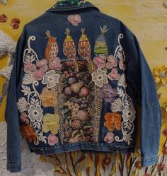 Unique, one of a kind jean Jacket large size long sleeve. Signed by the artist inside the jacket, embroidery, art works on front and back. Artistic Long Sleeve Cotton Denim Jacket, Artistic Denim Outerwear For Spring, Vintage Long Sleeve Denim Jacket With Floral Embroidery, Fall Long Sleeve Outerwear With Collage Stitching, Long Sleeve Denim Jacket With Floral Embroidery For Fall, Artistic Long Sleeve Denim Jacket For Spring, Artistic Denim Outerwear For Fall, Floral Embroidery Long Sleeve Denim Jacket For Fall, Floral Embroidered Long Sleeve Denim Jacket For Fall