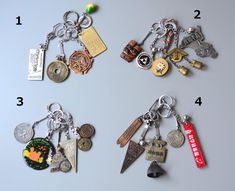 four different types of keychains are shown in this image with the names and numbers on them