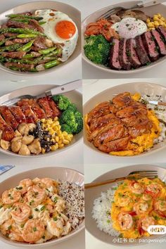 four pictures of different types of food on plates