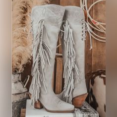 Nwt Dingo Sky High Off White / Grey Fringe Boots Has A Few Tiny Flaws From Moving Around But Otherwise Beautiful Boots Fringe Boots, Beautiful Boots, Sky High, Shoes Heels Boots, Shoes Women Heels, Heeled Boots, Shoes Heels, Color White, Off White