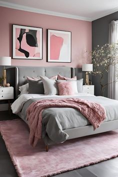 a bedroom with pink and grey decor in shades of gray, white, and pink