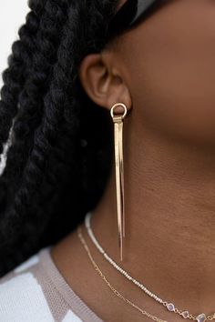 Close up view of model wearing the One And Only Gold Earring which features gold plated dangle strips attached to a small gold plated circle. Gold Earring, The One And Only, One And Only, Gold Earrings, The One, Personal Style, Gold Plate, Plating, Gold