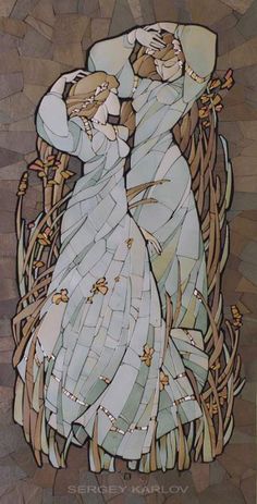 a stained glass painting of a woman in a white dress with her arms behind her head