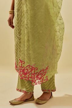 Green kurta featuring floral silk applique motifs and bead sequin embroidered chevron patterns. Comes with embellished pant, scalloped hem dupatta and inner slip. - Aza Fashions Spring Green Embroidered Palazzo Set, Traditional Drape Summer Festive Pants, Summer Festive Pants With Traditional Drape, Festive Summer Pants With Traditional Drape, Traditional Pista Green Palazzo Set For Spring, Spring Chanderi Sharara With Traditional Drape, Green Sharara With Floral Embroidery, Green Floral Embroidered Sharara, Green Silk Set With Floral Embroidery