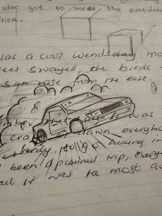 a drawing of a car in the middle of a piece of paper with writing on it