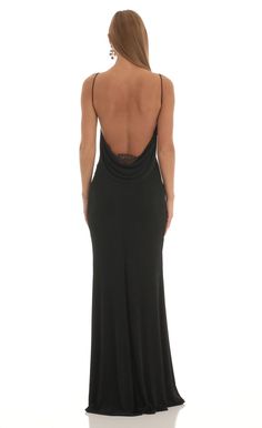 Prom Dress Open Back Long, Scoop Back Prom Dress, Black Backless Prom Dresses, Open Back Black Dress Long, Black Backless Silk Dress, Back Less Prom Dress, Long Black Fitted Dress Outfit, Flowy Open Back Dress, Long Dress With Open Back