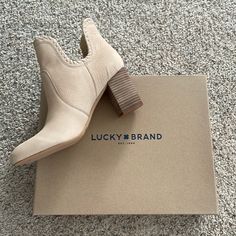 Nwt Women’s Lucky Brand Suede Ankle Boots Size 9.5 Tan Suede With Cute Intricate Stitching. Never Been Worn. Wooden Block Heel. Style: Lk-Sivya Color: Stone Zion We’re Stored Inside Box, In Original Plastic And Tissue With Fresh Paks. Smoke And Pet Free Home. Discontinued Style And Never Worn So Selling At Original Retail Price. Lucky Brand Booties, Lucky Brand Boots, Ankle Rain Boots, Lug Sole Boots, Brown Booties, Black Leather Heels, Lucky Brand Shoes, Color Stone, Brown Leather Boots