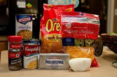 an assortment of food items sitting on top of a counter