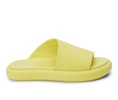 Vegan Synthetic Faux Leather upper, Slip on for easy entry,1.25\ platform sole height, Open round toe, Lightly padded insole, Man Made outsole, Asymmetrical one-band design | Women's Beach by Matisse Lotus Platform Slide Sandals in Lime Size 6 Summer Open Toe Platform Slippers With Leather Footbed, Spring Beach Sport Sandals With Leather Footbed, Comfortable Platform Footbed Sandals For Spring, Sport Sandals With Leather Footbed For Spring Beach, Summer Platform Slide Footbed Sandals, Trendy Summer Platform Slippers With Leather Footbed, Summer Synthetic Wedge Sandals With Leather Footbed, Summer Wedge Sandals With Leather Footbed, Modern Platform Slippers With Textured Sole For Beach