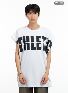 Product Detail Style : Street Occasion : Back to school Type : Men Print : Lettering Material : Cotton, Polyester Sleeve : Sleeveless Neck : Round neck Fit : Oversize fit Cotton80 Polyester20 Color : White, Black Made in Korea Model Size Model is wearing size M/L and the color White. Height : 6'0" | 184cm / Top : L / Bottom : XL (32 inch) .prddescription table, .prddescription td, .prddescription th { border : 1px solid black; border-collapse : collapse; padding: 10px; } Size(Inch) Size Shoulder Sleeveless Text Print T-shirt For Summer, Sporty Sleeveless T-shirt With Letter Print, Casual Sleeveless T-shirt With Logo Print, Crew Neck Tank Top For Streetwear, Sporty Streetwear Tank Top With Logo Print, White Cotton Muscle Tee Athleisure, Summer Streetwear Tank Top With Logo Print, Sporty Tank Top With Logo Print For Streetwear, White Sleeveless Tank Top With Text Print