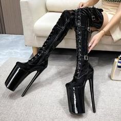 Gabriella's Glamour Thigh-Highs Black Boots Thigh High Black Boots, Dance Women, Black Knee High Boots, Patent Shoes, Super High Heels, Black Knees, Womens Knee High Boots, Pole Dance, Leather Shoes Woman