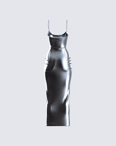 Claim your spotlight with this metallic gunmetal midi dress 😌 Crafted from metallic lamé stretch jersey complete with adjustable spaghetti straps - this look will leave everyone envious of your radiance 🤍 Black Metallic Dress, Grey Outfits, Black Off Shoulder Top, Clothing Templates, Shiny Dress, Metal Dress, Metallic Mini Dresses, Rhinestone Top, Shiny Dresses