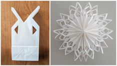 two pictures one is white and the other has an origami snowflake