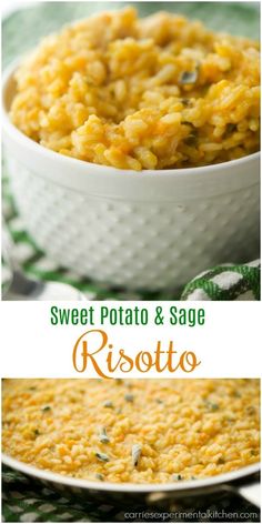 sweet potato and sage risotto in a white bowl with the title above it