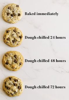 four chocolate chip cookies lined up on a white counter top with the words, how to bake them