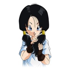 an anime character with long black hair and blue eyes, holding her hands up to her chest