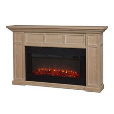 an electric fireplace with flames on the side and wood mantles in light brown color