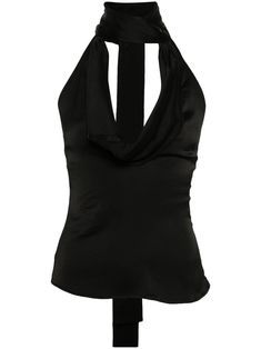 black textured finish halterneck cowl effect open back straight hem rear tie fastening Black Top Sleeveless, Open Tops For Women, Black Tops Aesthetic, Halter Top Aesthetic, Designer Fashion Aesthetic, Halter Crop Top Outfit, Designer Clothes Women, Blumarine Top, Open Back Tops