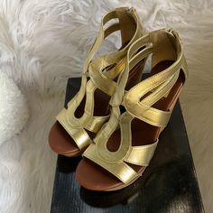 Dolce Vita For Target Platform Sandals. Gold Faux Leather Uppers With A Cork Heel. The Heel Part Has Some Gold Running Thru It. 3 1/2” Heel With Platform Makes It Easy To Walk. Zip Back Entry. These Will Look Amazing G With A Maxi Dress - They Are In Brand New Condition Never Been Worn Gold Closed Toe Heels For Spring, Gold Wedge Sandals With Block Heel, Gold Wedge Sandals With Platform And Block Heel, Gold Wedge Sandals With Heel Strap For Spring, Gold Open Heel Spring Heels, Gold Open Heel Heels For Spring, Gold Synthetic Wedge Sandals With Block Heel, Gold Block Heel Sandals In Synthetic Material, Gold Synthetic Block Heel Sandals