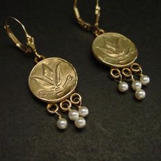 Greek Lotus Flower Earrings with Pearls - Byzantine Jewelry Romani Jewelry, Gold Byzantine Handmade Earrings, Ancient Style Gold Brass Jewelry, God Of Water, Etruscan Jewelry Earrings, Greek Style Earrings, Ancient Greek Earrings, Ancient Greek Jewelry Earrings, Greek Earrings