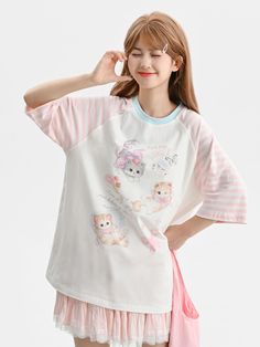 Embrace the perfect blend of cuteness and style with our adorable kitty print white T-shirt! This delightful top features a lovable kitty graphic that will melt your heart, while the contrasting pink striped sleeves add a playful touch. Crafted from high-quality, soft cotton, this T-shirt ensures all-day comfort and breathability. Whether you're heading out for a casual day with friends or simply lounging at home, this charming piece will keep you looking effortlessly cute and stylish. Pair it w White Kawaii T-shirt With Cat Print, Kawaii Cat Print Tops For Spring, White Kawaii Crew Neck Top, Harajuku Hello Kitty Print Cotton Tops, Harajuku Style Cotton Tops With Hello Kitty Print, Harajuku Style Hello Kitty Cotton Tops, Spring Kawaii Cat Print Tops, Spring White T-shirt With Cat Design, White Summer T-shirt With Cat Design