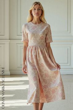 Olivia Mark - Elegant Blooms Midi Dress - Pastel Floral Elegance Pink Midi Dress With Fitted Waist, Pink Dress With Fitted Waist And Short Sleeves, Feminine Pink Dress With Fitted Waist, Pink Non-stretch Dress With Short Sleeves, Elegant Peach Floral Print Midi Dress, Elegant Peach Midi Dress With Floral Print, Pink Feminine Fit And Flare Midi Dress, Pink Fitted Waist Summer Dress, Pink A-line Maxi Dress For Daywear