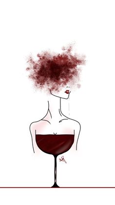 a drawing of a woman with a glass of wine in front of her head and the word love written on it