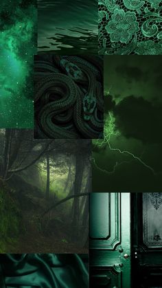 a collage of green and black images