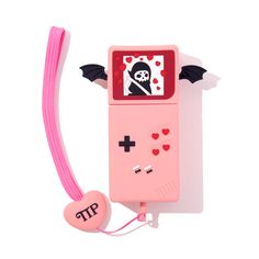 a pink gameboy with a bat attached to it's back and an earphone plugged in