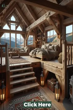 the interior of a log cabin with stairs leading up to it and lots of windows