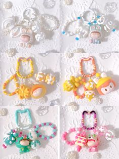 several different types of hair clips on a white tablecloth with lace doily in the background