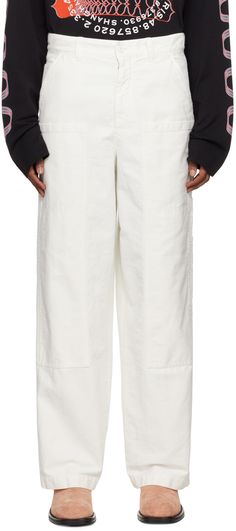 Cotton drill cargo pants. · Belt loops · Five-pocket styling · Zip-fly · Patch pockets at front · Hammer loop and patch pockets at outseam · Patch pocket at outseam Supplier color: Off-White White Workwear Bottoms With Multiple Pockets, White Work Pants With Multiple Pockets, White Workwear Pants With Multiple Pockets, White Trousers With Patch Pockets, White Parachute Pants For Workwear With Pockets, White Parachute Pants With Side Pockets For Work, White Utility Pants With Patch Pockets, White Utility Cargo Pants With Patch Pockets, Utility White Parachute Pants With Belt Loops