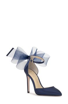 A voluminous bow stands out at the heel counter of an elegant satin pump framed by a pointy toe and stiletto heel. 3 1/2" heel Adjustable ankle strap with buckle closure Textile upper/synthetic lining and sole Imported Fun Heels Unique, Blue Lace Heels, Dark Blue High Heels, Dress Blues Marines, Dark Blue Heels, Dress Tiktok, Bridesmaids Heels, Hoco Inspo, Blue Bridal Shoes