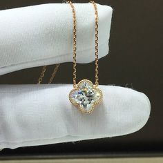 This is made-to-order item, it takes about 3-4 weeks to deliver your pendant necklace after order is placed, thank you. Lab created Moissanite diamond is setting in 18K solid white gold, rose gold or yellow gold chain. Moissanite pendant necklace. Moissanite diamond: -Color: D (colorless); -Clarity: VVS1 (very very slightly included); -Cut: truly clover; -Weight: 1.0 carat, 6x6 mm; Total weight of the necklace is about 1.9 grams. Video link: https://www.instagram.com/tv/CYrFq3DhG1Z/?utm_medium=c Luxury Diamond White Diamond Necklace As Gift, Luxury Diamond White Diamond Necklace For Gift, Classic Rose Gold Moissanite Necklace, Rose Gold Moissanite Round Pendant Necklace, Rose Gold Moissanite Diamond Cut Necklace, Luxury Rose Gold Flower Pendant Necklace, Luxury Moissanite Necklace With Brilliant Cut, Fine Jewelry Moissanite Pendant Necklace, Luxury Flower Shaped Diamond Necklace Gift