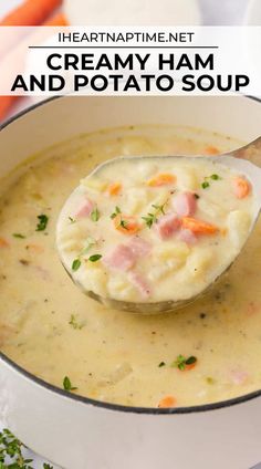 creamy ham and potato soup in a white bowl with a spoon