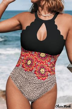 Color: Leopard Floral Color Block Scalloped Cutout Halter One-Piece Swimsuit, Size: L Scalloped One Piece Swimsuit, Swimsuit Material, Cut Out One Piece, Plus Size Swim, Halter One Piece Swimsuit, Scallop Trim, Beach Swimsuit, Floral Color, Swimsuit Fashion