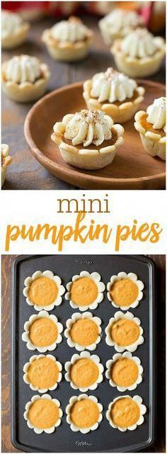 mini pumpkin pies on a baking sheet and in a muffin tin with text overlay