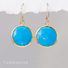 These are beautiful round 15mm faceted bezel set Aqua Blue Chalcedony drops in 18k Gold Vermeil. These are perfectly bezeled and the back of the earring is identical to the front. Add a pop of color to any outfit in these earrings that feature a pair of stunning round gemstones framed in 18k Gold Vermeil. Available in 16 different stone & color options, these earrings make perfect gifts! M A T E R I A L S ∙ A N D ∙ S I Z E Available in GOLD * Gemstone frame is 18k Gold Vermeil * Earring hook Turquoise Faceted Drop Earrings, Turquoise Circle Earrings Gift, Blue Round Crystal Earrings, Everyday Round Earrings With Bezel Setting, Elegant Round Faceted Hoop Earrings, Elegant Faceted Turquoise Earrings, Gift Dangle Earrings With Bezel Setting, Elegant Turquoise Faceted Earrings, Everyday Round Crystal Earrings With Ear Wire