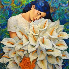 a painting of a woman with her eyes closed holding a large bouquet of white flowers