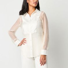 This Worthington women's semi-sheer luxe blouse provides a fresh contemporary take for work or a dinner date. Crafted from soft crinkled organza and a satin yoke and cuffs, this button-down has a beautiful feminine silhouette. Style it with tailored pants and pointed-toe pumps. Closure Type: ButtonFit: Regular FitNeckline: Collar NeckSleeve Length: Long SleeveSleeve Style: Cuffed SleeveApparel Length: 29 InchesFiber Content: 55% Nylon, 45% PolyesterFabric Description: OrganzaCollar: Point Collar Chic Collared Blouse With Button Closure, Elegant Summer Shirt With Back Button Closure, Chic Long Sleeve Top With Placket, Chic Daywear Shirt With Buttons, Casual Workwear Blouse With Sheer Sleeves, Casual Blouse With Sheer Sleeves For Work, Summer Long Sleeve Blouse With Back Button Closure, Elegant Button-up Summer Tops, Chic Button-up Office Tops