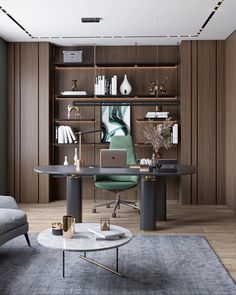 an office with a desk, chair and bookshelf