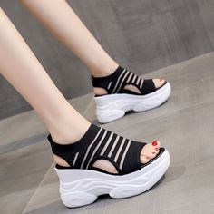 Summer Women Platform Sandals Fashion White 8 Cm Increasing Sandals Thick Sole Casual Platform Shoes Female Thick Bottom Slip-on Sandals For Spring, Summer Closed Toe Heels With Thick Bottom, Summer Heels With Thick Bottom And Closed Toe, Summer Wedge Sandals With Rubber Sole And Round Toe, Casual Open Toe Wedge Sandals With Thick Bottom, Black Thick Bottom Heels For Spring, Thick Bottom Round Toe Sandals, Summer Slip-on Heels With Rubber Sole, Ankle Strap Wedge Sandals With Rubber Sole For Summer