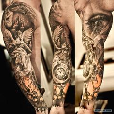 the arm is covered in tattoos and has an angel on it, with a clock