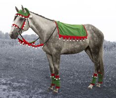 a gray horse with red and green decorations on it's face standing in a field