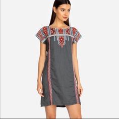 Nwt Johnny Was Ezra Shift Tunic Dress Gray Linen Embroidered Tribal Motif Sz Xs Approximate Measurements: Size Xs Pit To Pit: 20 1/2” Length: 34 1/2” Runs Loose - Could Probably Fit A Typical Size Small As Well As Extra Small - See Approximate Measurements To Ensure A Proper Fit. *Note This Dress Is New With Tags And Has Never Been Worn But Does Have A Few Loose Threads And Some Fuzzies In The Embroidery Due To The Nature Of The Threading. See Last Pic For Reference. Long Sleeve Embroidered Dress, Casual Sundress, White Embroidered Dress, Embroidered Tunic Dress, Floral Embroidered Dress, Boho Lace, Embroidered Tunic, Gray Linen, Boho Casual